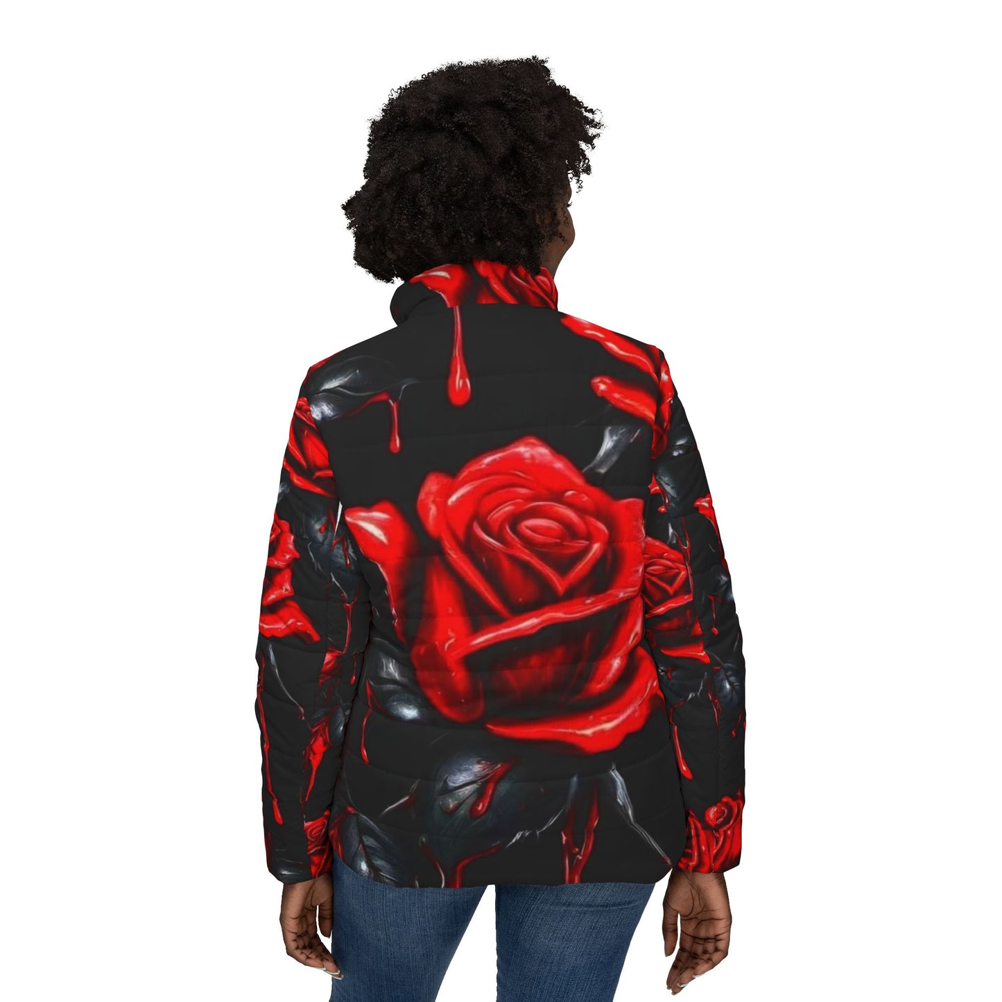 Stylish Rose Print Women’s Puffer Jacket