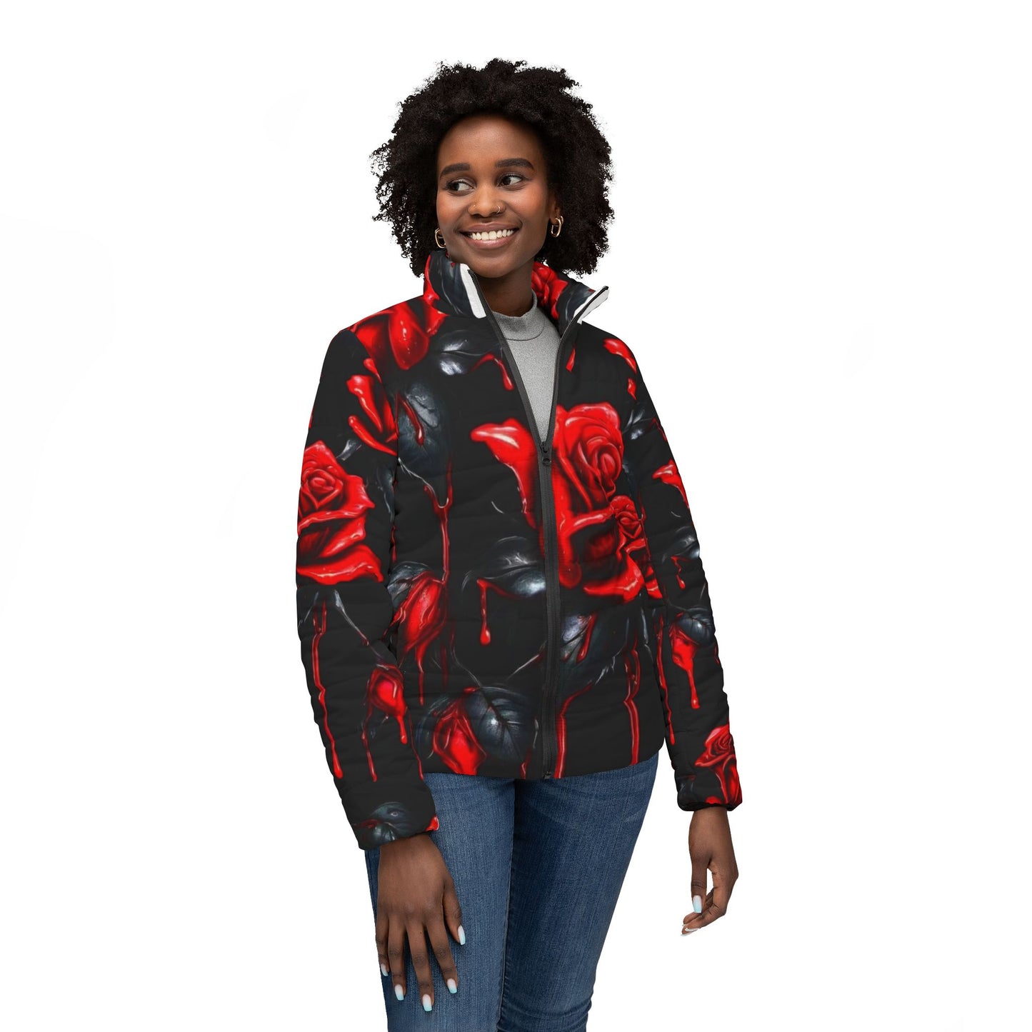 Stylish Rose Print Women’s Puffer Jacket