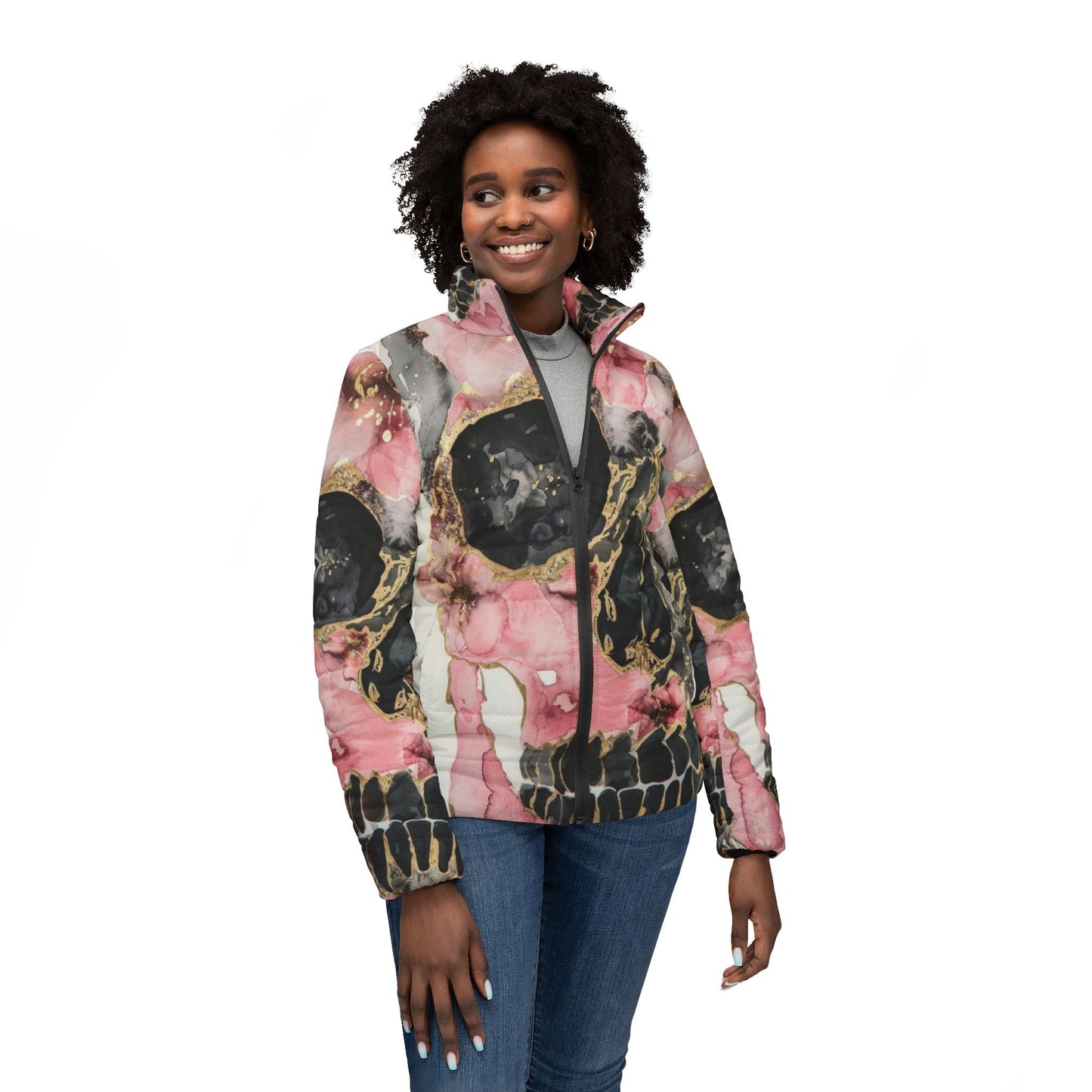Edgy Floral Skull Puffer Jacket
